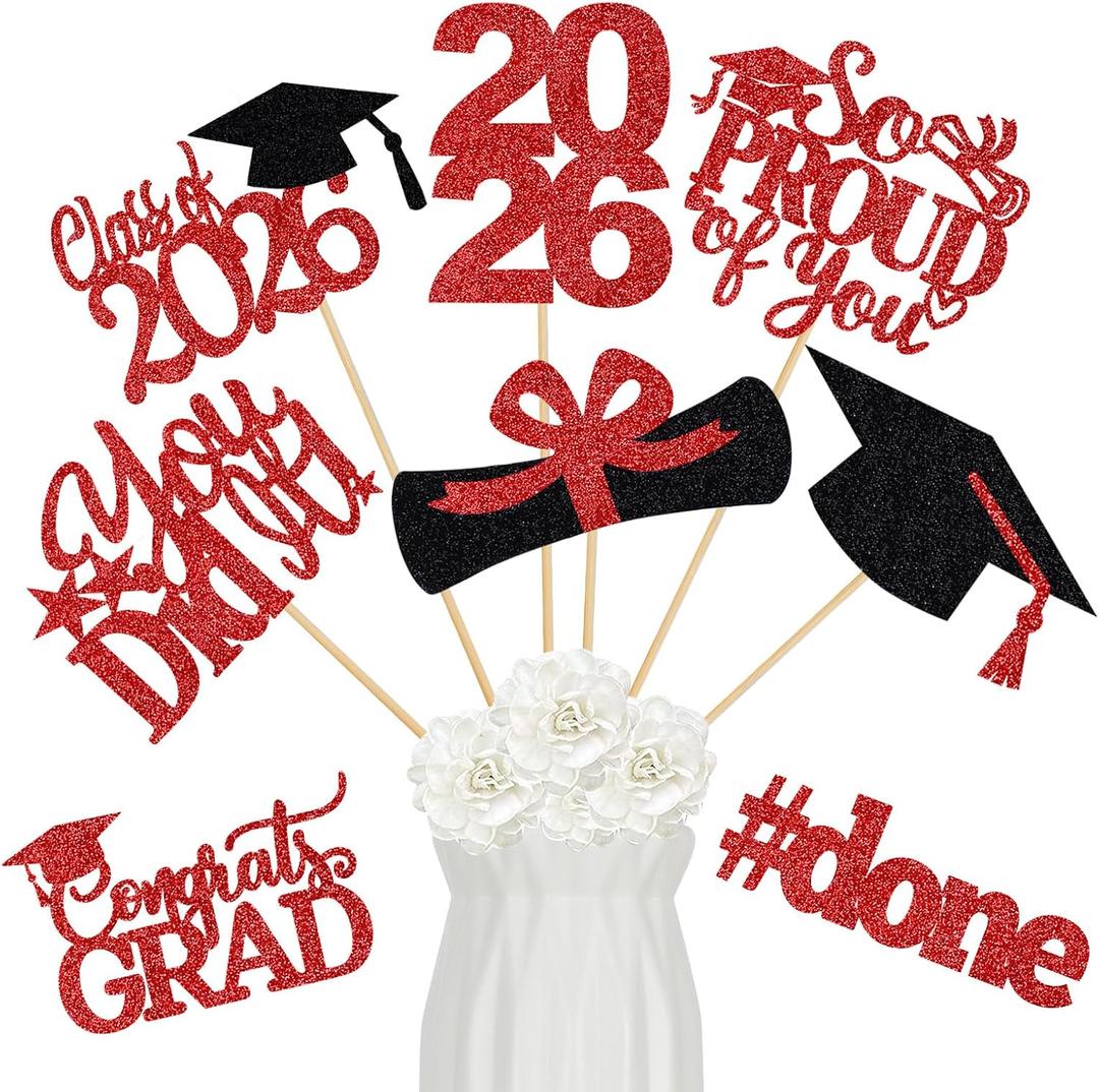 24Pcs 2026 Graduation Table Centerpieces Red, Graduation Centerpieces for Tables 2026 Red Class of 2026 Graduation Centerpiece Sticks for 2026 Graduation Party Table Decorations Red