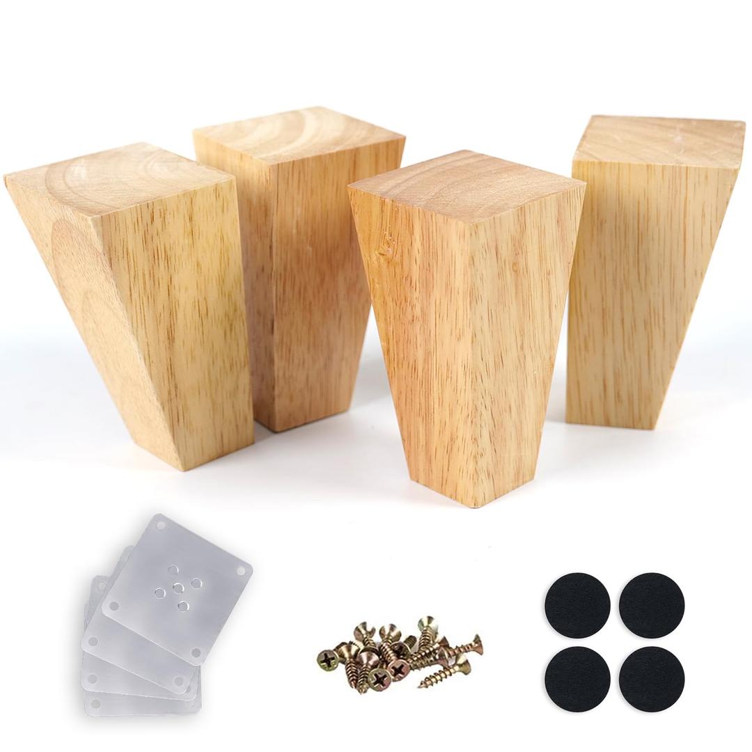 Alecutremy 4 Inch Mid Century Legs Wood Square Furniture Legs Set of 4 Tapered Sofa Feet Solid Wooden Replacement Legs for Couch Ottoman Cabinet Dreeser Bed Table DIY,4 inch, Square Tapered Natural