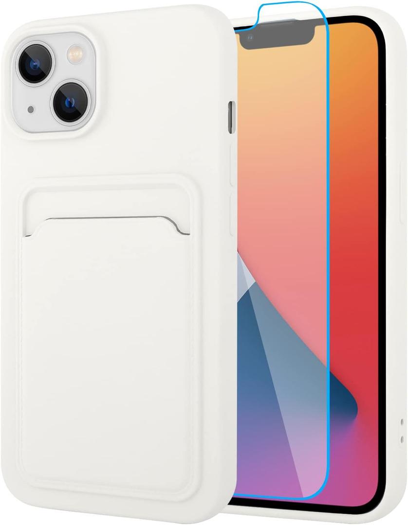 MZELQ Compatible with iPhone 14 Case TPU Card Holder Wallet Cover,Camera Protection + Screen Protector Soft Card Slot Phone Case -White