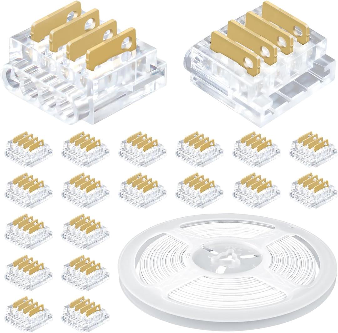 RGBZONE 20Pcs 4 Pin 10mm LED Strip Connectors Strip to Wire Connector and 32.8FT/10M 4 Pin RGB Extension Cable Wire for Non-Waterproof 10mm SMD RGB 5050 LED Light Strip
