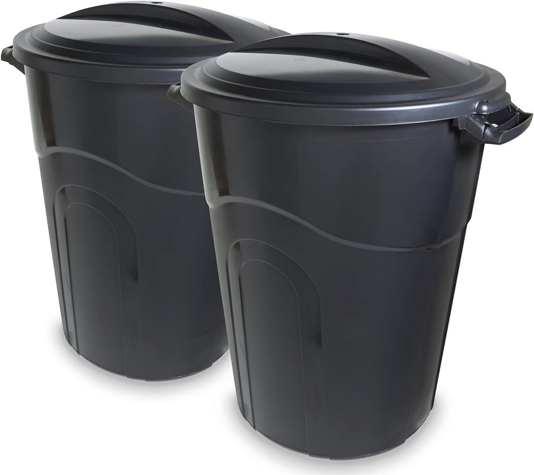 United Solutions 32 Gallon Outdoor Garbage Can, Black, Easy to Carry Garbage Can with Sturdy Construction, Pass-Through Handles & Attachable Click Lock Lid, Indoor or Outdoor Use, (Pack of 2)