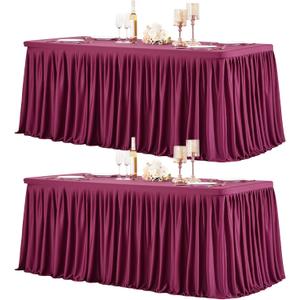 2 Packs Burgundy Polyester Table Clothes for 8 Foot Rectangle Tables, Wrinkle Free Fitted Table Cover 8ft Stretch Tablecloths with Skirt for Parties Weddings Birthday Banquet Baby Shower