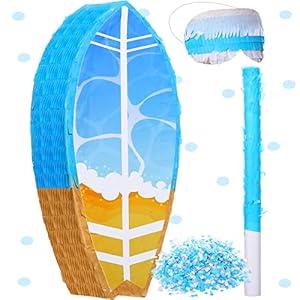 Small Surfboard Pinata with Stick and Blindfold Confetti Summer Pinata Hawaii Decorations Surfboard Beach Pinata Birthday Pinata for Kids Birthday Party Supplies Baby Shower 16 x 8 x 3 Inch