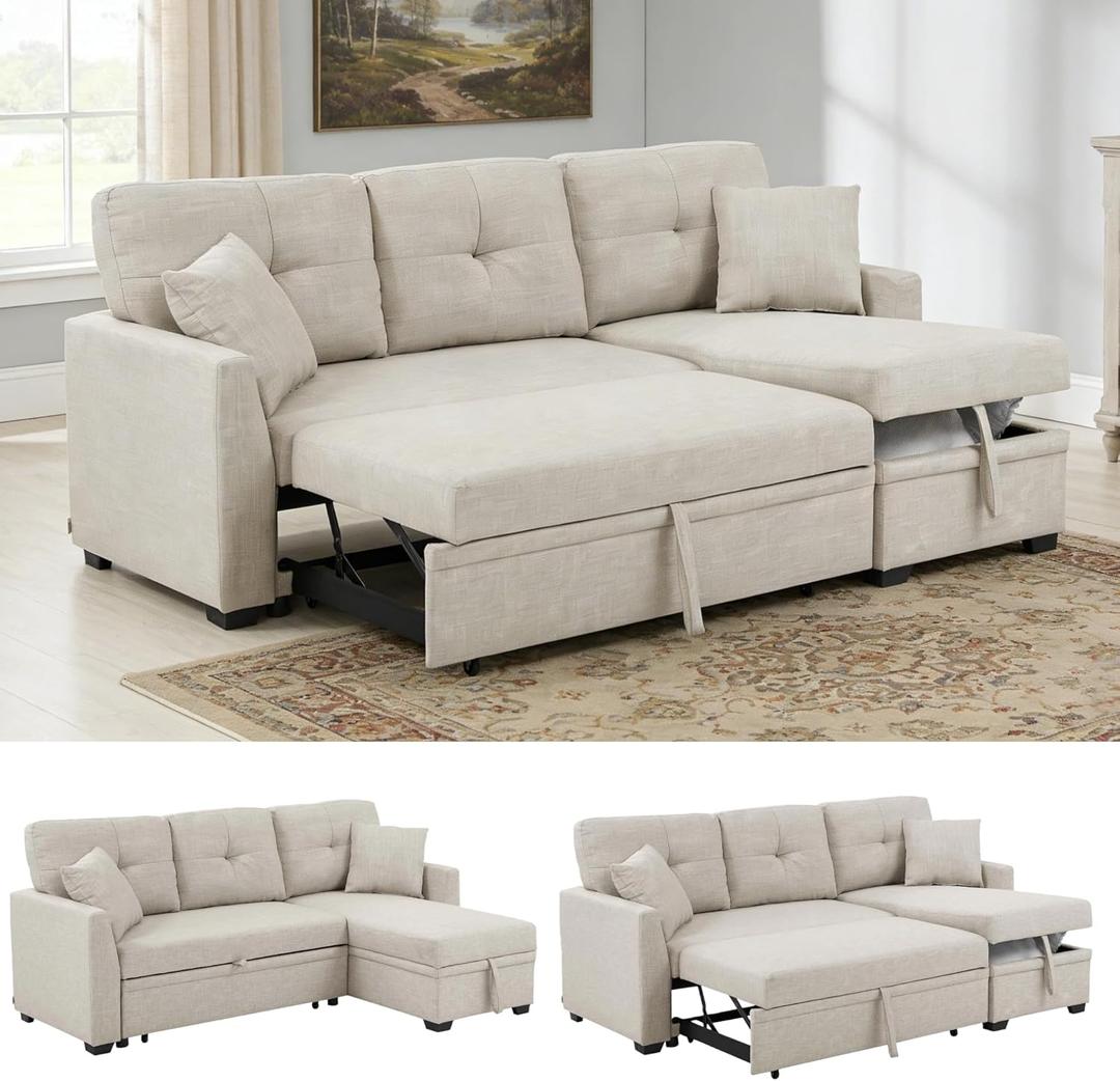 Sectional Sleeper Sofa with Pull Out Bed, L Shape Convertible Linen Couch with Storage Chaise, 2 in 1 Pull Out Sofa Bed with 2 Seats, for Living Room, Apartment, Beige