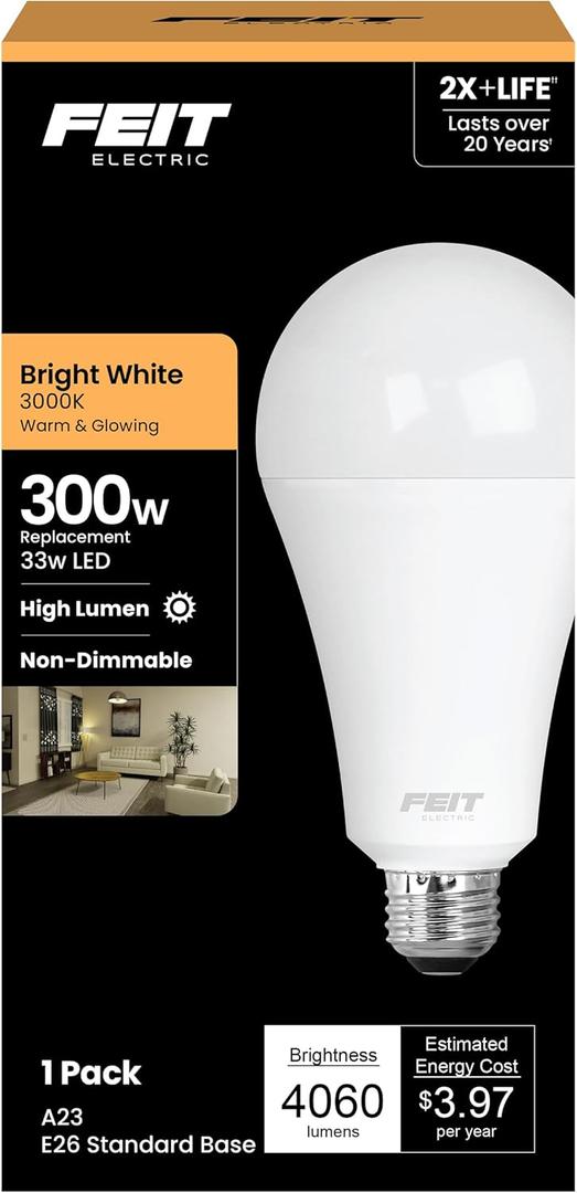 Feit Electric A23 LED Light Bulb, 300W Equivalent, Non-Dimmable, 4060 Lumens, E26 Standard Base, 3000k Bright White, High Output LED Bulb, Damp Rated, 22 Year Lifetime, OM300/830/LED
