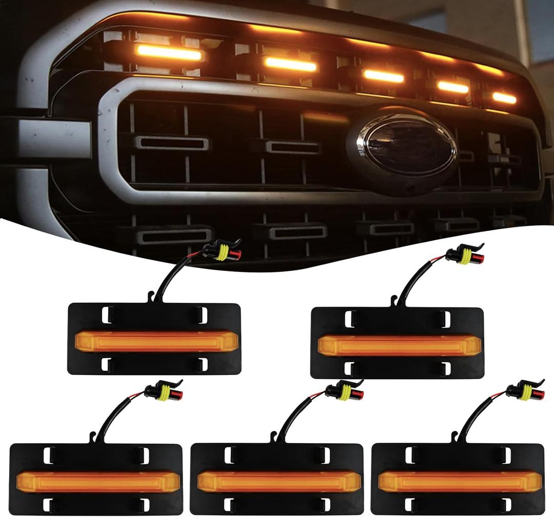 5PCS Grille Lights LED Amber Front Grille Makers Lights Accessories Compatible with 2021 2022 2023 F150 XL/XLT/XLT Sport Wiring Harness Kit fit
