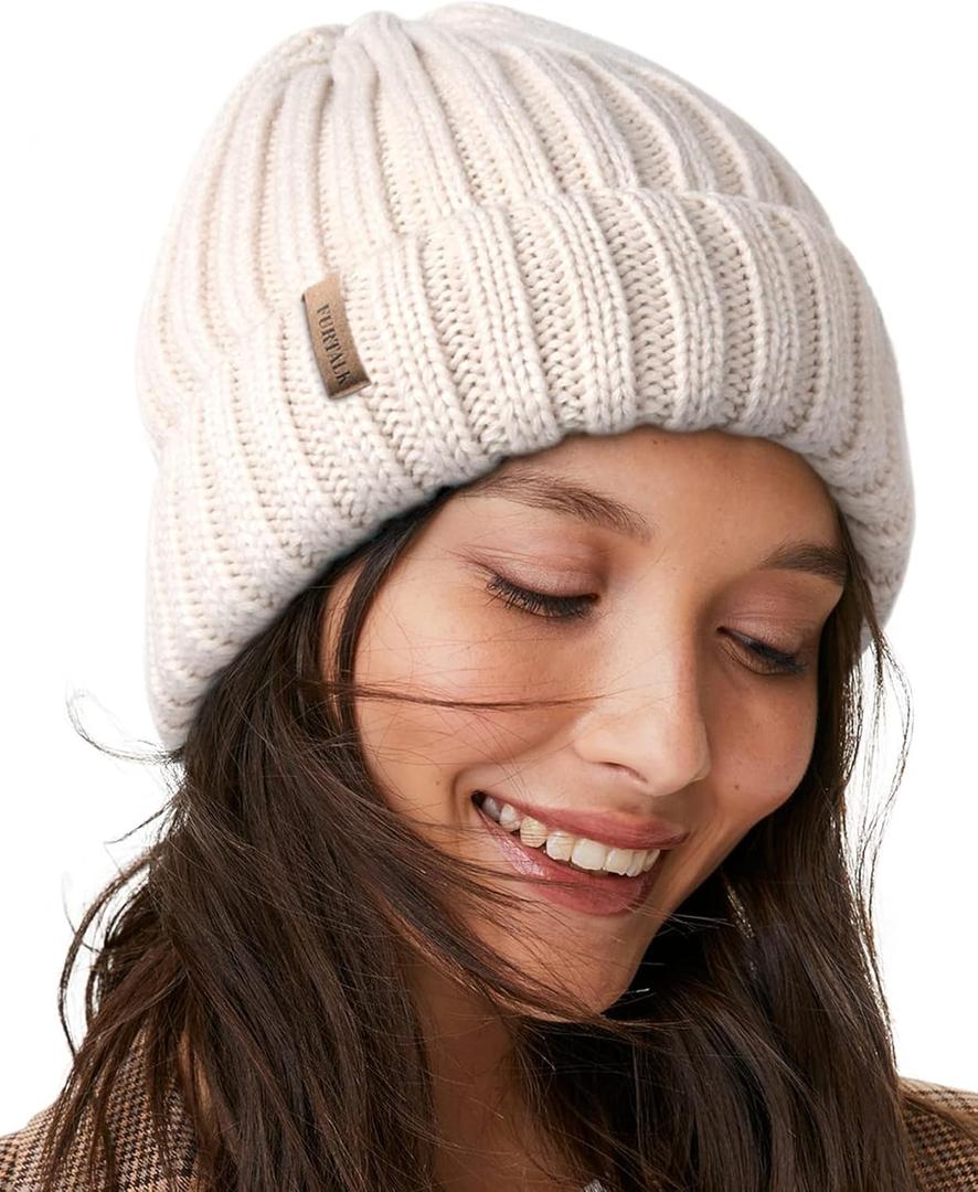 FURTALK Winter Hats for Women Fleece Lined Beanie Knit Chunky Womens Snow Cap (One Size, Beige)