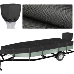 Black Heavy Duty Fully 900D Jon Boat Cover 14ft - 16 ft with Motor Cover, 100% Waterproof Trailerable Jon Boat Covers 14-16 Foot with 9+4 Pcs Windproof Straps (14'-16' Long, Beam Width to 75")