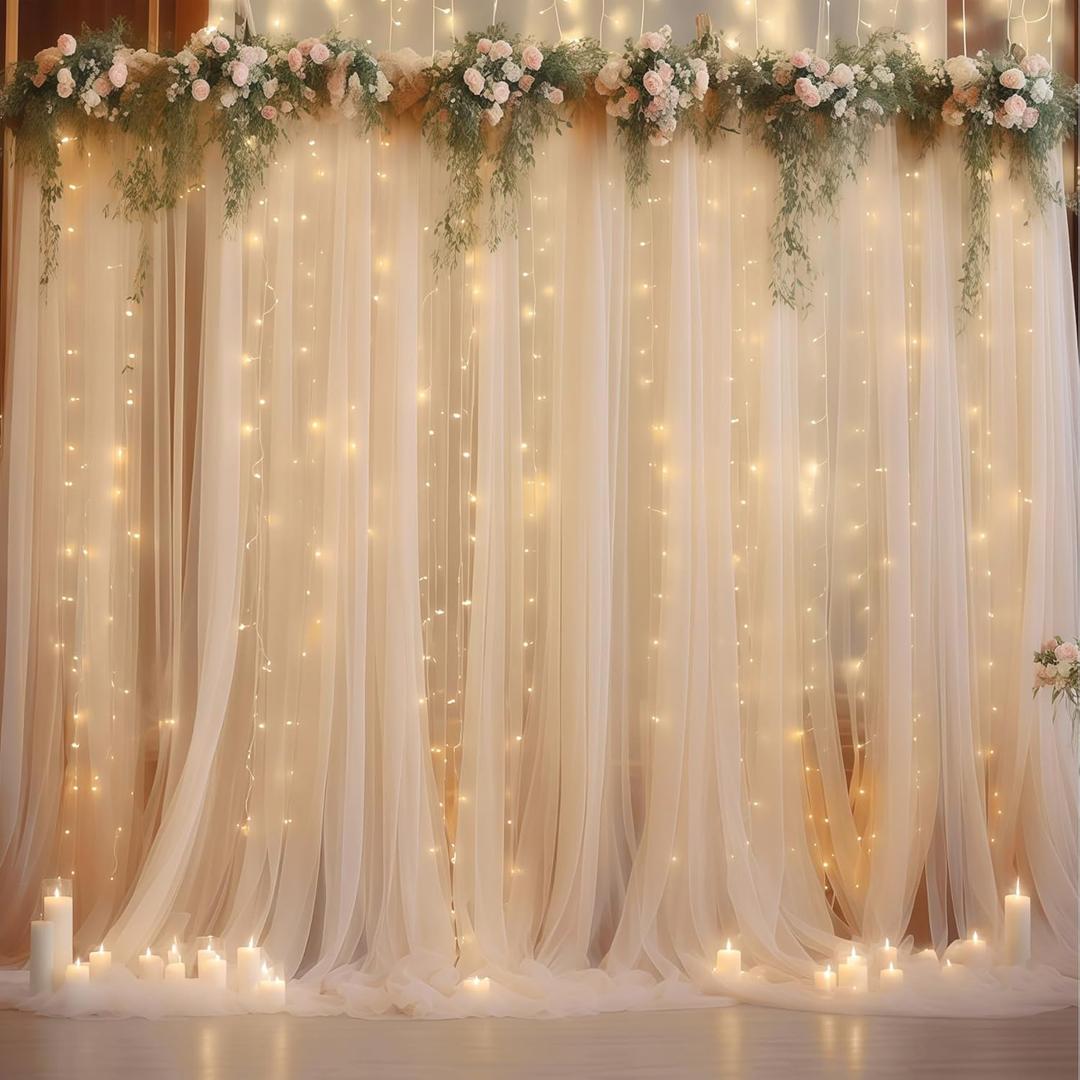 10×10ft Champagne Tulle Backdrop Curtain with Lights String for Parites, Sheer Photo Curtain Backdrop Drapes for Wedding Party Photography Backgrounds