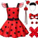 Girls Costume Polka Dots Dress Up Carnival Costume Birthday Outfit Christmas Party Cosplay Mask Gloves Headdress for Kids (2-3T)