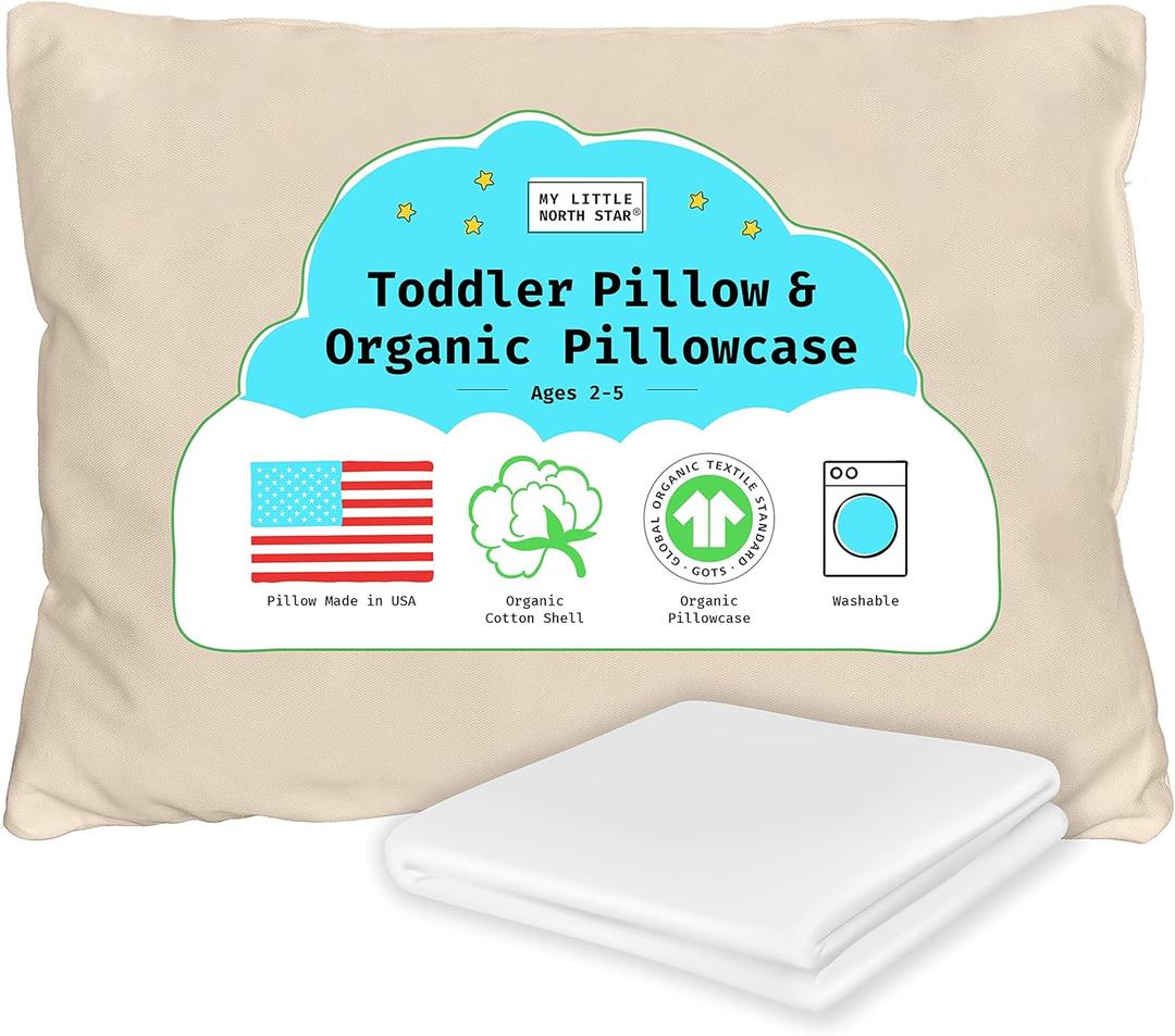 Organic Toddler Pillow Made in the USA and Organic Cotton Pillowcase - 13x18 Soft Natural Cotton Toddler Pillow for Sleeping - Washable Baby Nap Pillow - Travel Pillow - Kids Sleeping Bedding (Plain)
