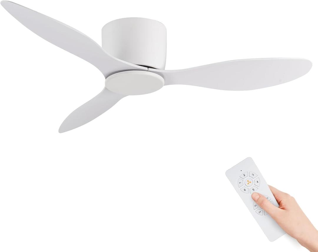 GESUM 42 Inch Ceiling Fan No Light, Flush Mount White Ceiling Fan with Remote Control, 6-Speed Reversible DC Motor Timer Noiseless for Living Room Bedroom Kitchen Garage Balcony