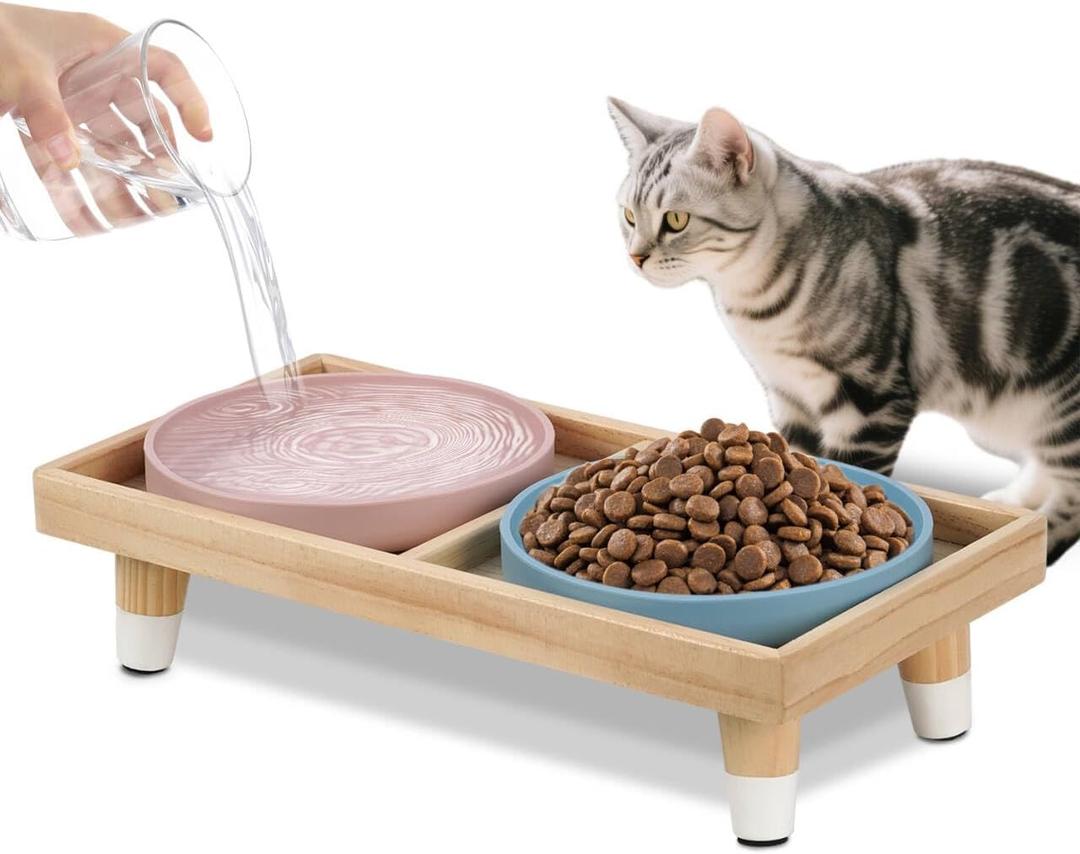 Cat Food Bowls,7" Wide Puppy Plates Whisker Fatigue Pet Feeding Dishes,Pet Feeding Station for Cats & Small Dogs,Anti Whisker Fatigue(2Shallow Dish+Stand)