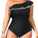 Aqua Eve Plus Size Bathing Suits for Women One Piece Swimsuits One Shoulder Ruffle Tummy Control Black and White Swimwear 20W