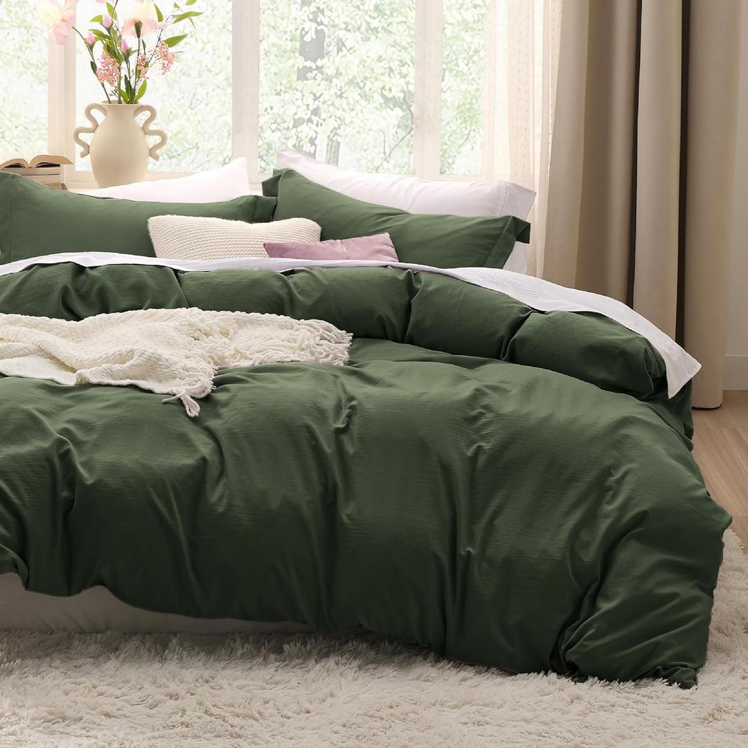 Bedsure Olive Green Duvet Cover Full Size - 3 Pieces Prewashed Extra Soft Cotton-Like Polyester Bedding Set, Includes 1 Duvet Cover 80x90 Inches with Zipper Closure & 2 Pillow Shams, No Comforter