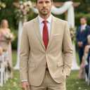 Men Suit 2 Piece Groomsmen Tuxedo Prom Blazer Slim Fit Suits Two Button Wedding Dress Jacket Pants Set with Tie (Beige, L)