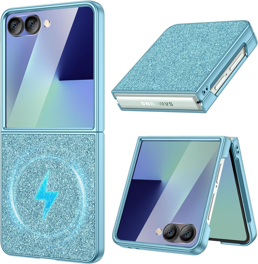 Maxdara for Z Flip 7 Magnetic Case, Bling Galaxy Z Flip 7 Case with Built-in Outer Screen Protector Luxury Slim Cover, Light Blue