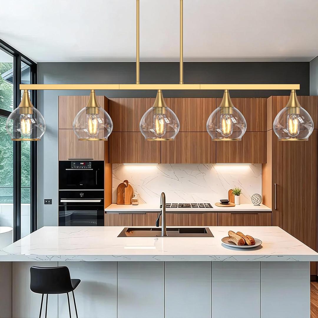 Kitchen Island Linear Pendant Light, 5-Light Gold Dining Room Chandelier with Clear Glass Globe Shades, Modern Linear Lighting Fixture Over Table