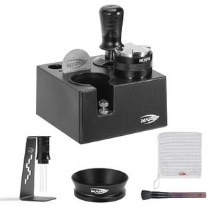 IKAPE 53MM Black Espresso Tool Set 8 IN 1, Coffee Tamper, Distributor, Magnetic Funnel, Puck Screen, Tamper Station, Stirrer Distribution Tool, Cleaning Towel and Brush