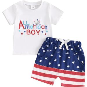 4th of July Baby Boy Outfit Letter Flag Embroidery T-Shirt Top and Shorts Set 2 Piece July Fourth Clothes Set (White) 0-6M