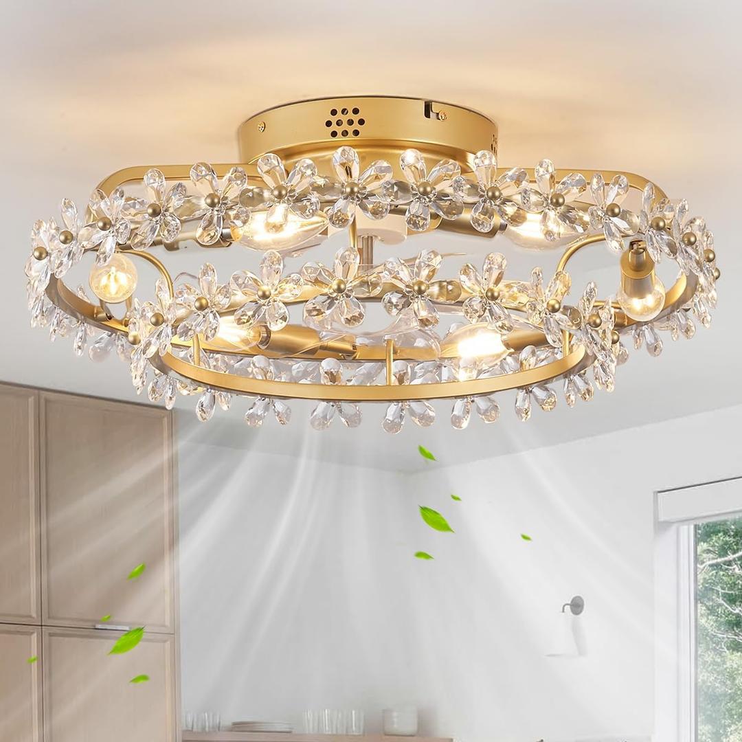 20" Chandelier Fan Bladeless Ceiling Fan with Light, Boho Caged Ceiling Fans with Lights and Remote, Flush Mount Low Profile Modern Ceiling Fan with Light for Bedroom, Living Room, Flower