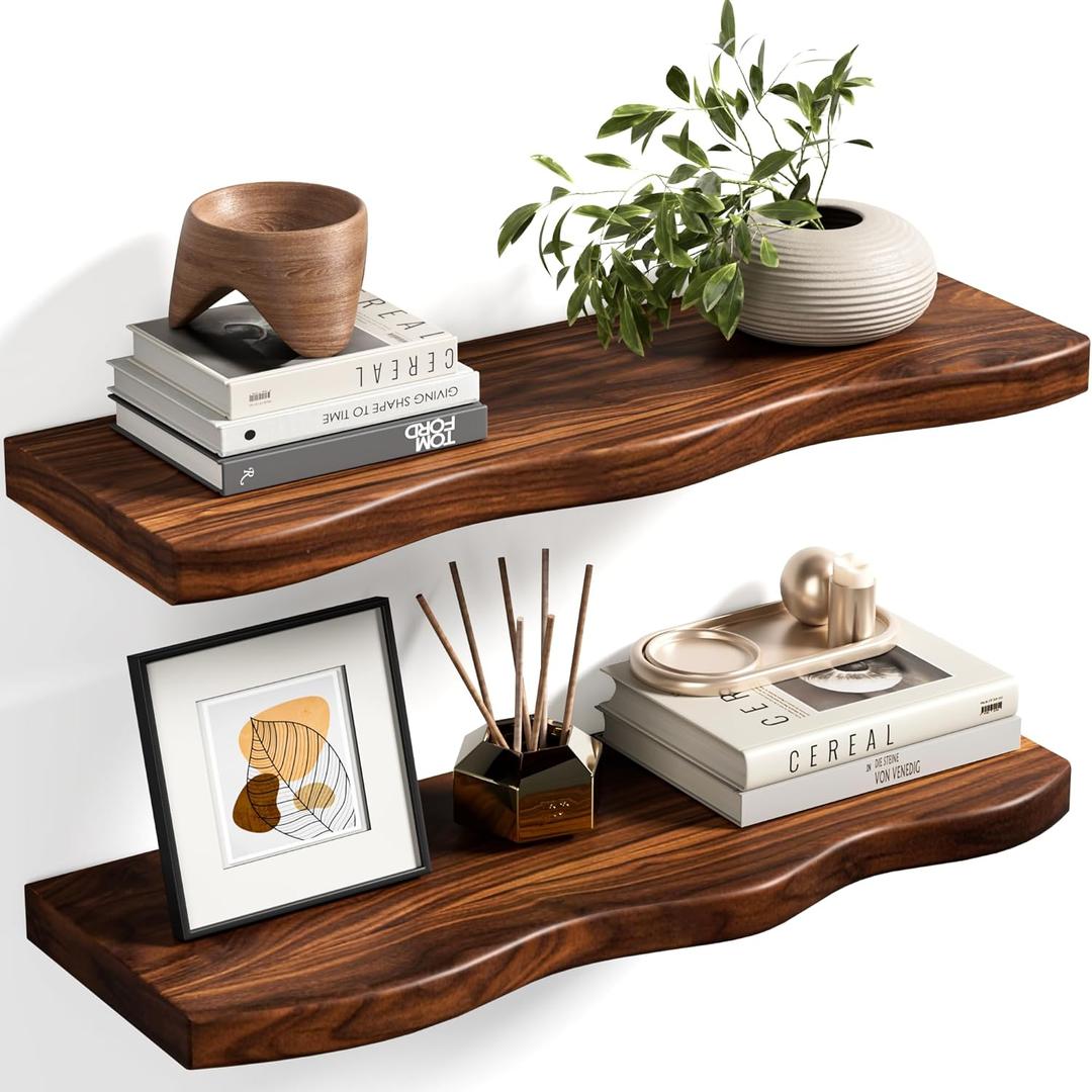 Floating Shelves for Wall, 24 inch Rustic Wooden Floating Shelves, Wall-Mounted Floating Bookshelf, Hanging Shelves with Unique Natural Grain for Living Room, Bedroom, Kitchen (Walnut Color) (Brown)
