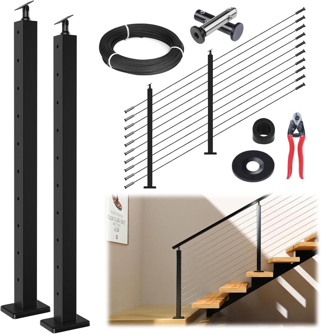Muzata 5-10FT Modular Black Cable Railing Kit 36 Inch 2 Stair Post Kit Complete Set Cable Railing System for Stairs Length Adjustable Easy DIY with Paper User Guide (No Handrail) RWS1 BA4S