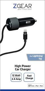 ZGear High Power Lightning Cable Car Charger - Black, 5 ft 