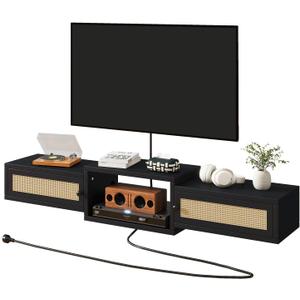 IBUYKE Modern Rattan Floating TV Stand with Doors,Wall Mounted TV Shelf for TVs up to 55 Inches,Media Console Entertainment Center for Under TV Storage Cabinet for Living Room Bedroom,Black UWST012B