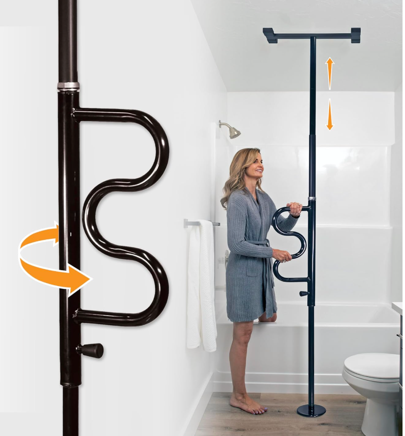 Stander Wonder Pole Plus with Rotating Double Grab Bar, Tension Mounted Security Pole for Seniors & Elderly Adults, No-Drill Floor to Ceiling Transfer Pole for Home & Bath Safety, Black