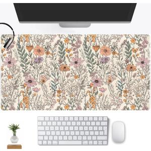 Wild Flowers Gaming Mouse Pad, Floral Cute Keyboard Mouse Mat, Full Desk Protector, Aesthetic Desk Decor 31.5"x15.75" (Colorful Vintage Flowers)