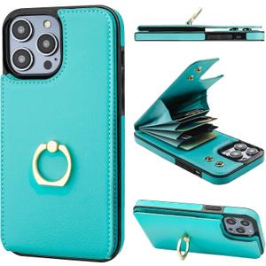 Folosu Compatible with iPhone 14 Pro Max Case Wallet with Card Holder, 360Rotation Finger Ring Holder Kickstand, RFID Blocking Leather Protective Double Buttons Shockproof Cover 6.7 Inch Green