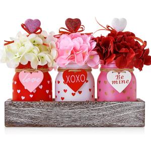 Valentines Day Table Decor, Centerpieces for Tables, Printed Mason Jar Valentine Table Centerpiece, Hydrangea, Wood Tray, 13 Pcs Farmhouse Valentines Day Table Decorations for Home, Kitchen