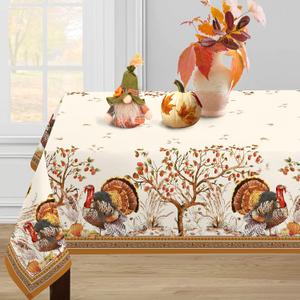Fall Thanksgiving Double Border Decoration Tablecloth,Turkey & Pumpkin Harvest Tablecloths, Waterproof Table Cover for Dinner Kitchen Party Holiday Decorations, 60"x 102"Oblong/Rectangle