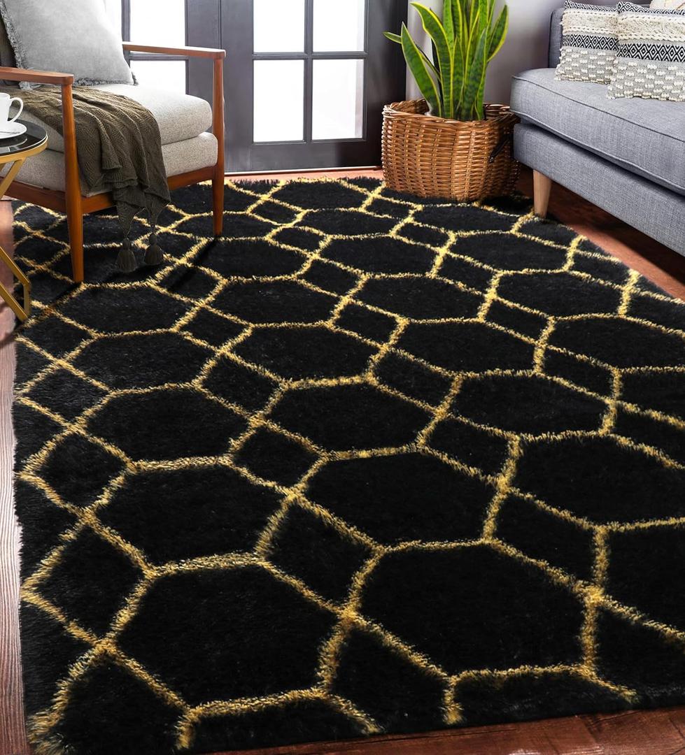 ONASAR Area Rugs for Bedroom Living Room, 4x6 Fluffy Black and Gold Throw Rug, Shaggy Geometric Floor Mat for Home Decor, Soft Plush Carpet for Kids Teen Playroom Dorm Classroom Office
