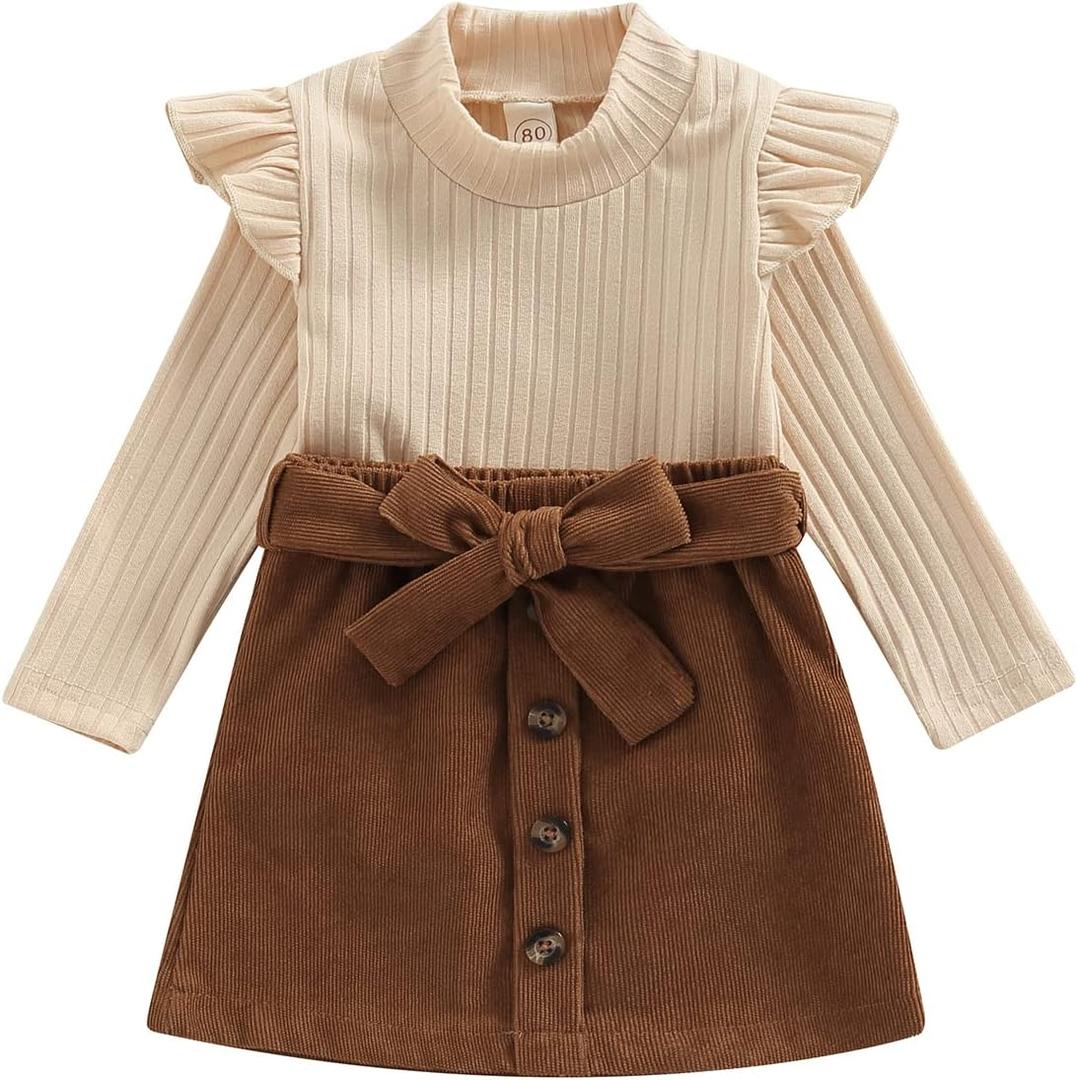 fhutpw Baby Toddler Girl Outfits Fall Winter Clothes Turtleneck Knitted Cotton Long Sleeves Tops & Button Mini Skirts Set (2-3T)