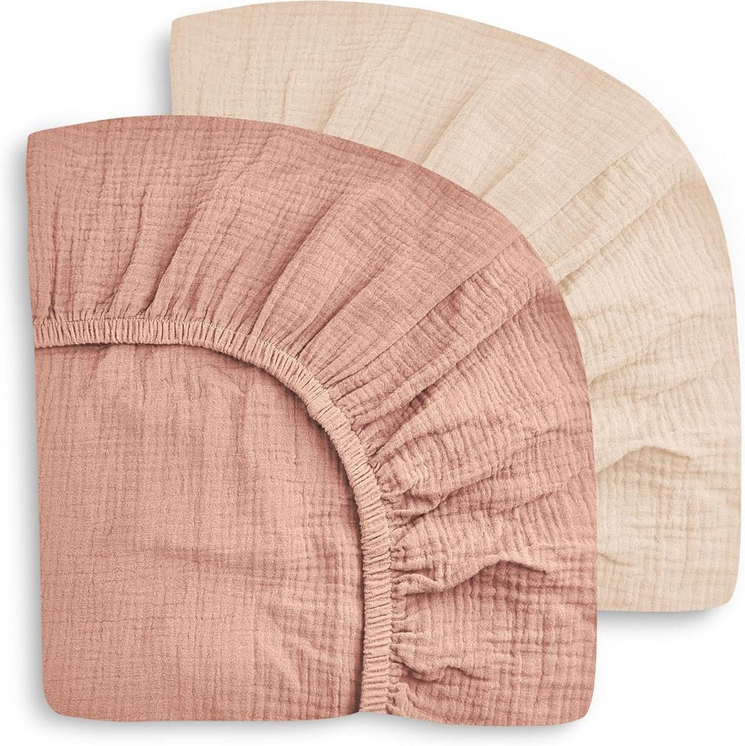 SWEET DOLPHIN 2-Pack Muslin Crib Sheets for Boys & Girls, Ultra Soft Breathable 40S Long-Staple Cotton Fitted Baby Sheets for Standard Crib Mattress 52"x28", Light Bean Paste- Nursery Essentials