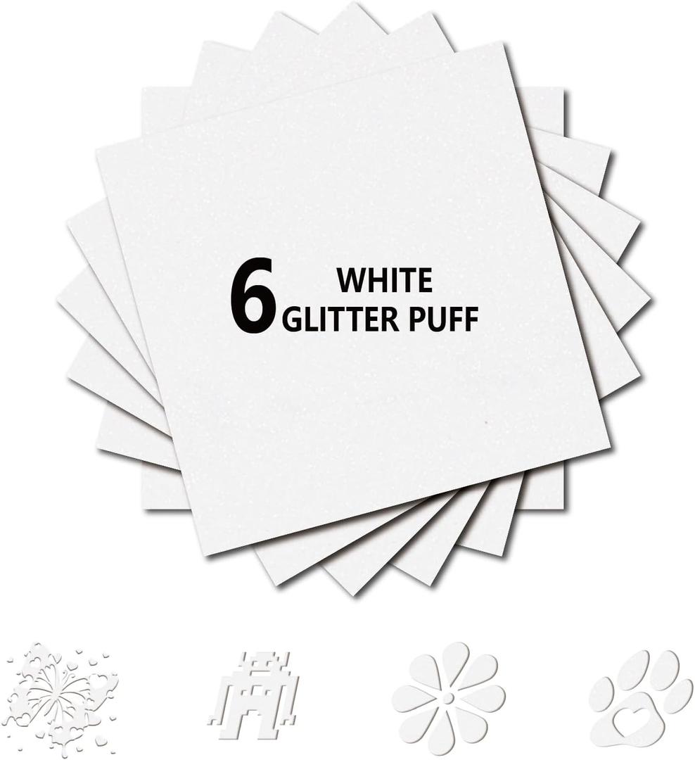 3D Puff Glitter HTV, 6-Pack 12"x10" Sheets. Iron-On Vinyl for Fabrics, Compatible with Cricut & Cameo for Easy DIY T-Shirts & Crafts. (White Glitter Puff, 12" x 10")