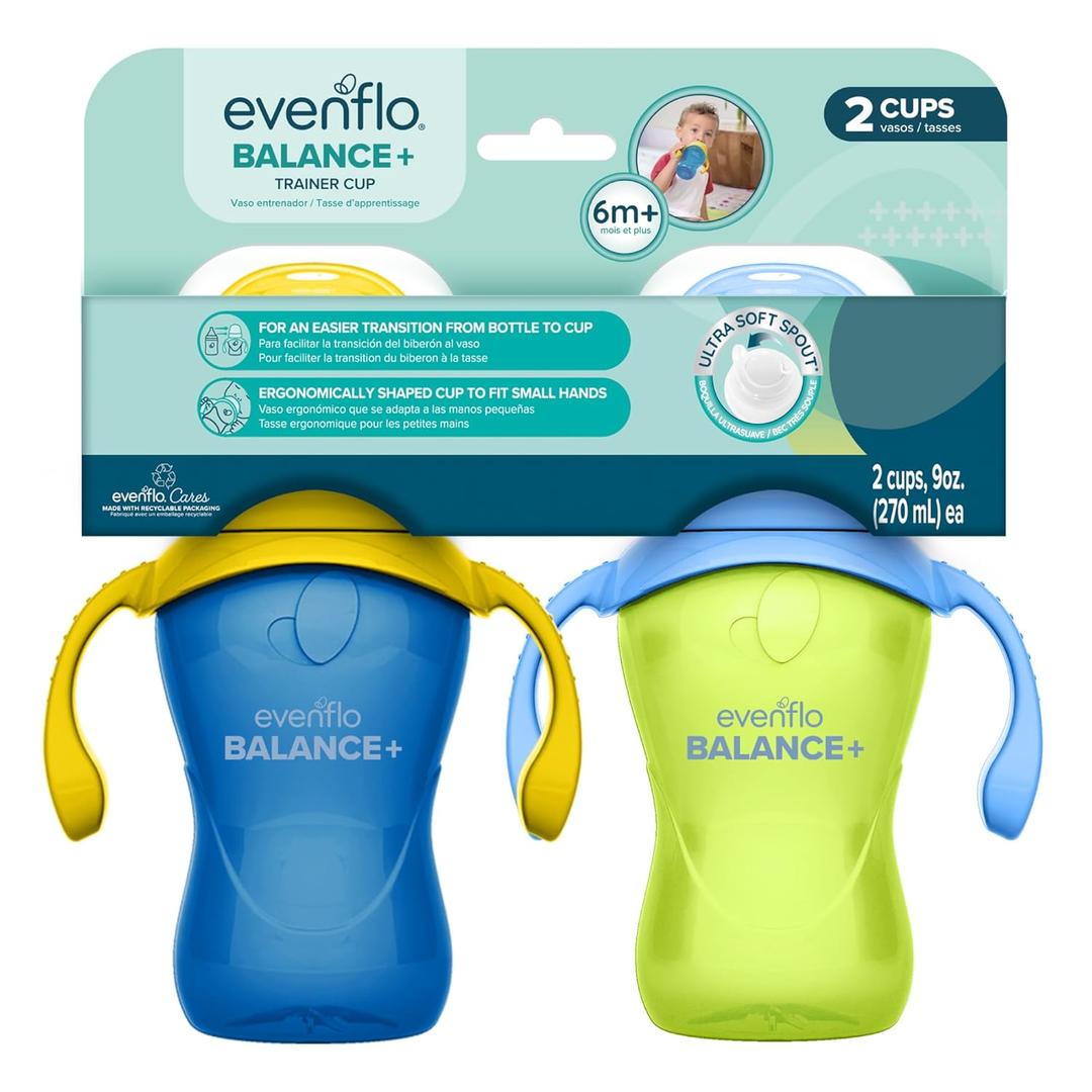 Evenflo Balance+ Trainer Cups for Babies 6+ Months, Blue and Green, 9oz, 2 Pack, Ergonomic Design with Ultra Soft Spout