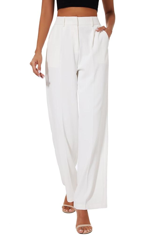 FUNYYZO Women Suit Pants Wide Leg Pants High Elastic Waisted in The Back Business Work Trousers Long Straight, M