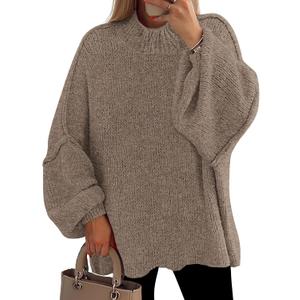 PRETTYGARDEN Women's 2026 Fall Oversized Sweaters Chunky Knit Mock Neck Long Sleeve Casual Trendy Pullover Winter Clothes (Medium, Dark Khaki)