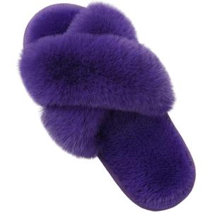 Evshine Women's Fuzzy Slippers Cross Band Memory Foam House Slippers Open Toe (10-11, Purple)