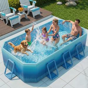 116"×70"×20" Foldable Pool for Kids and Adults,Non-Inflatable Swimming Pool with Metal Frame,Thickened PVC and PP Board Support,Large Stable Collapsible Pool for Family Dogs Backyard Outdoor Blue