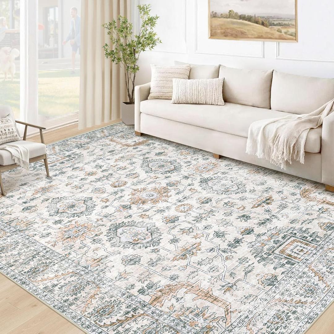 Area Rug 5x7 Living Room Rug, Machine Washable Vintage Distressed Boho Area Rug Non-Slip Soft Low Pile Large Indoor Rugs for Bedroom Kitchen Dining Room Office(Brown Green,5'x7')