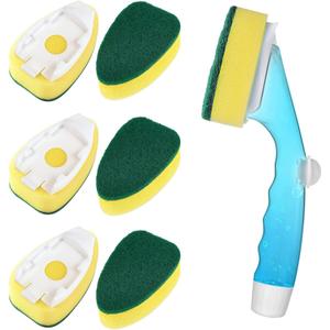 Non Scratch Dishwand Refills Handle, Dish Wand Refill Pack, 6 Heavy Duty Replacement Sponge Heads Set, Soap Dispenser Scrubbers, Dishwashing Scrub Dispensing Brush Pads, Dishwasher Cleaning Tool kit (7 Piece Set, Yellow)