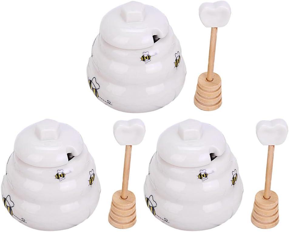 Amosfun Ceramic Honey Pot with Wooden Dipper and Lid 2.75 Inch Bee Pattern Honey Jar Set of 3 for Kitchen Table Home Use and Gift