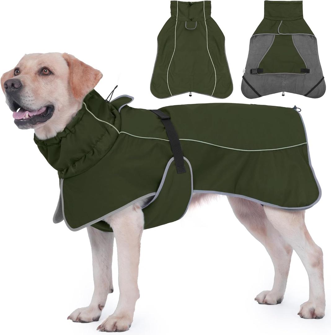 Dog Raincoat, Waterproof Dog Coat with Reflective Straps, Leash Hole & Polar Fleece Lining, Winter Snow Rain Coat for Dogs, Warm, Windproof Vest Jackets L