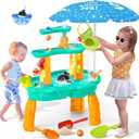 Water Table for Toddlers 3-5, 3-Tier Auto Water-Absorbing Kids Sand Water Table with Water Pump & Umbrella Splash Pond Toy, Sensory Play Table Toys for Outdoor Pool Beach Backyard Summer (Cyan&Orange)