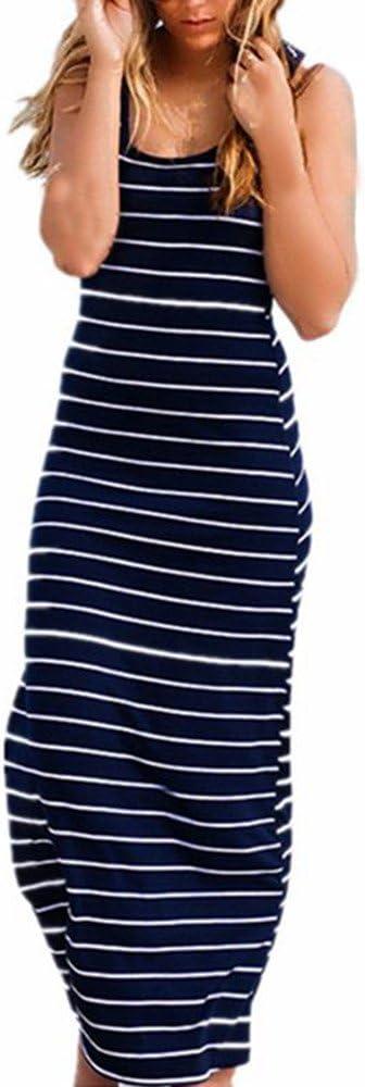 Roselux Women Sleeveless Scoop Neck Striped Maxi Sundresses Loose Racerback Long Dress (XXL)