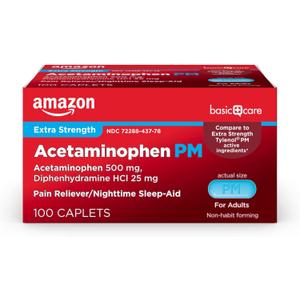 Amazon Basic Care Acetaminophen PM Caplets, Pain Reliever Plus Nighttime Sleep Aid, Extra Strength, Helps Occasional Minor Aches, Pains and Headache Relief, 100 Count, Packaging may vary